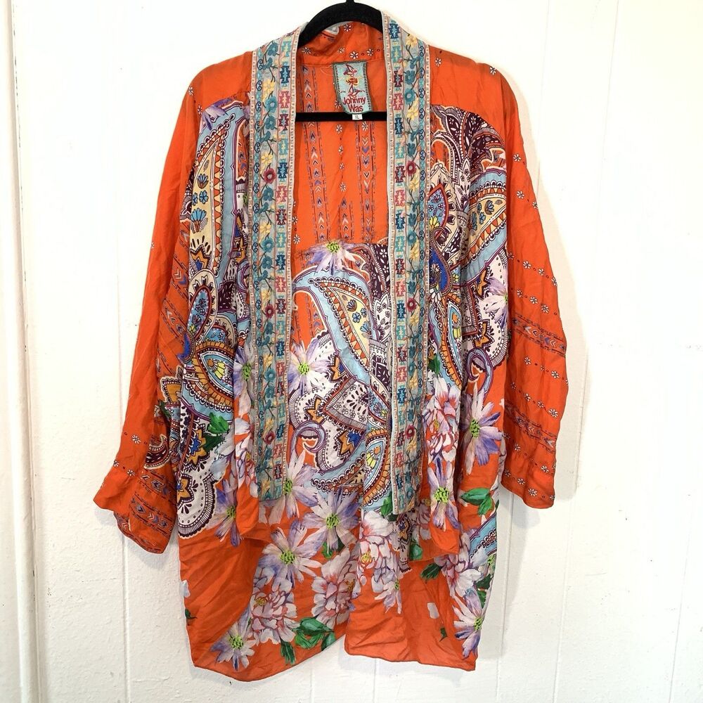 Johnny Was Silk Kimono XL Embroidered Floral Orange Jacket Shawl Collar Boho